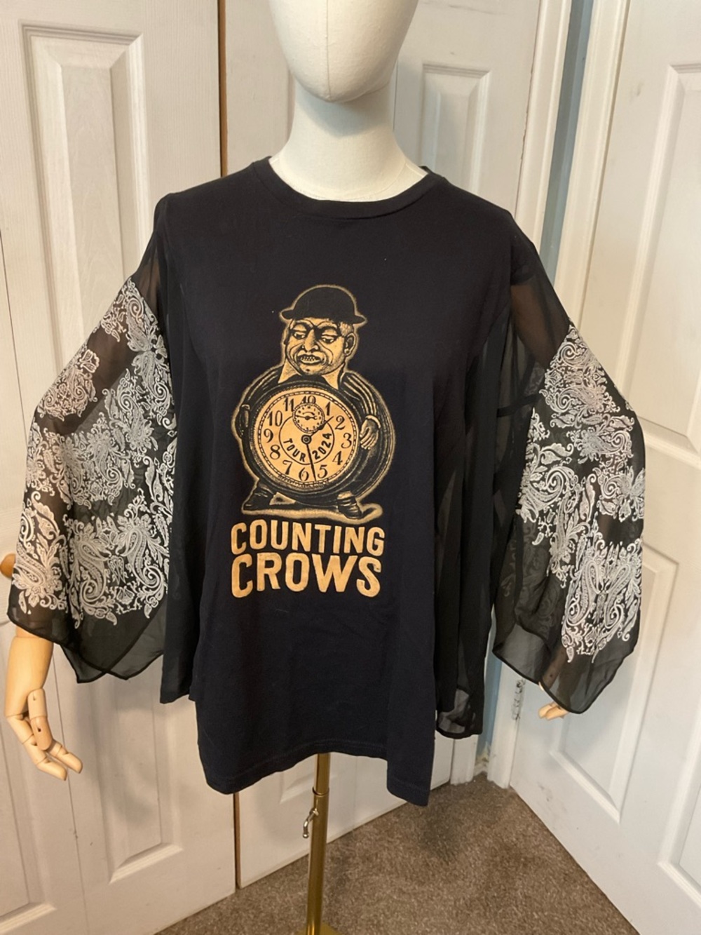 Counting Crows Upcycled Graphic T-Shirt with Flowy Printed Sheer Sleeves - OSFM